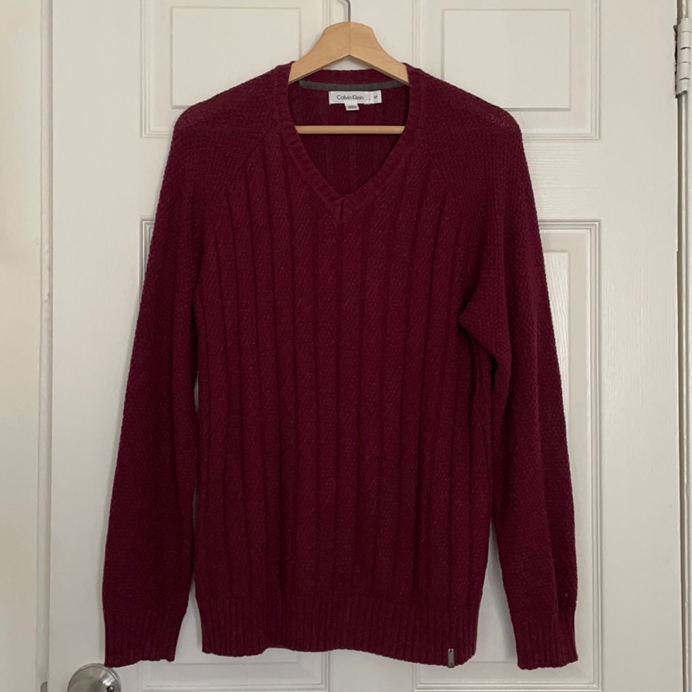 Burgundy Calvin Klein Cable Knit Sweater V Neck